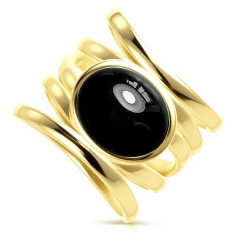 3226 Natural Black Onyx Stone Multi-Lines Wide Ring,18K Yellow Gold Plated